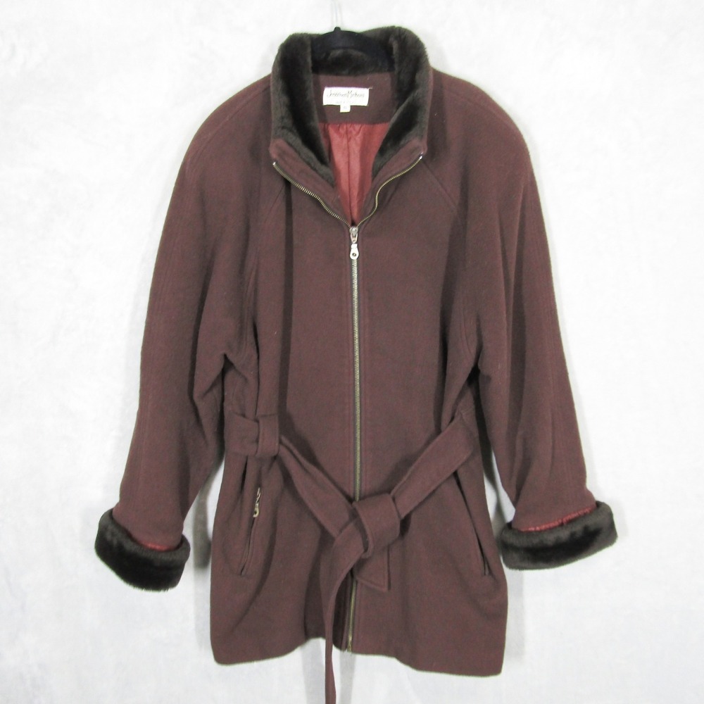 Jonathan Michael Womens 6 Vintage Wool Blend Faux Fur Trim Belted Coat Brown